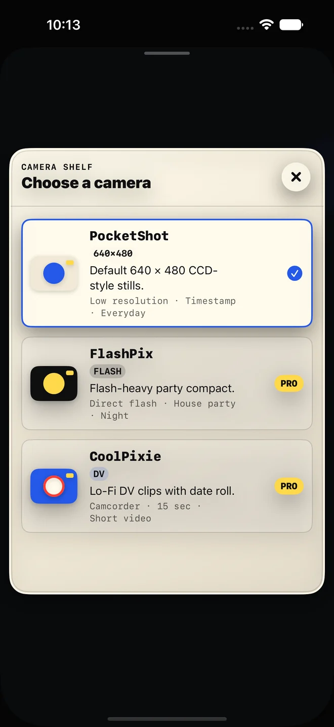 Nitralux Camera Shelf showing PocketShot, FlashPix, and CoolPixie