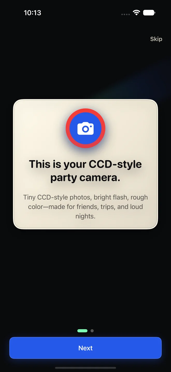 Nitralux onboarding introducing its CCD-style party camera