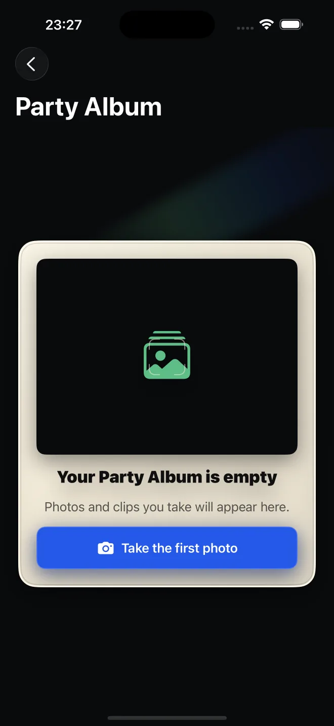 Nitralux Party Album empty state with a Take the first photo button